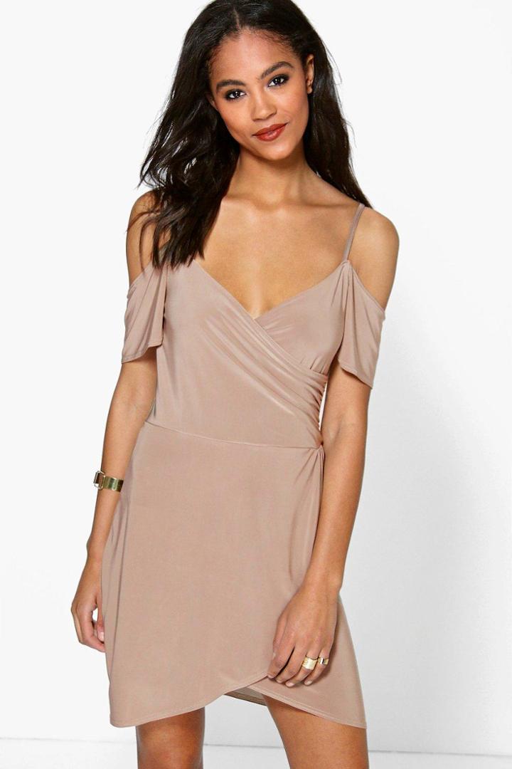 Boohoo Pia Strappy Cold Shoulder Wrap Bodycon Dress Mocha