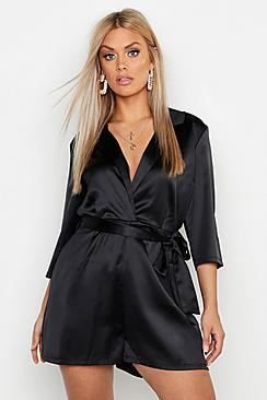 Boohoo Plus Satin Tailored Tie Waist Playsuit