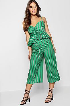 Boohoo Petite Holly Stripe Pep Waist Detail Culotte Jumpsuit