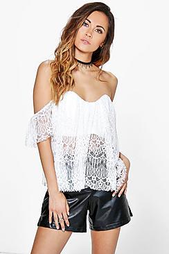 Boohoo Daisy Eyelash Lace Off The Shoulder Top
