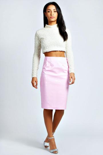 Boohoo Lexie High Shine Patent Midi Skirt - Pink