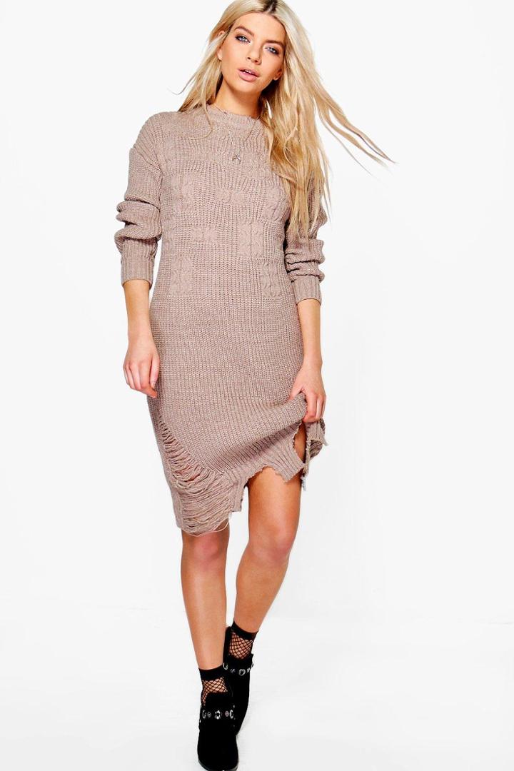 Boohoo Freya Distressed Hem Jumper Dress Taupe