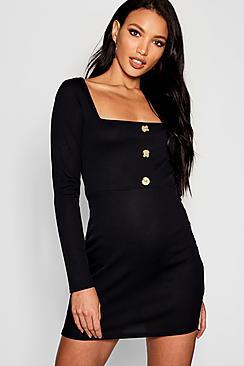 Boohoo Square Neck Horn Button Front Ribbed Mini Dress