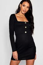 Boohoo Square Neck Horn Button Front Ribbed Mini Dress