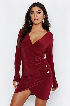 Boohoo Slinky Wrap Button Detail Bodycon Dress