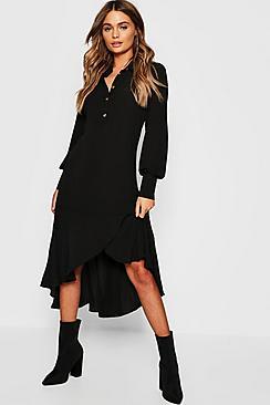 Boohoo Shirt Dress Hem Ruffle Detail Midi Dress