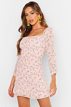 Boohoo Woven Floral Bardot Shirred Dress