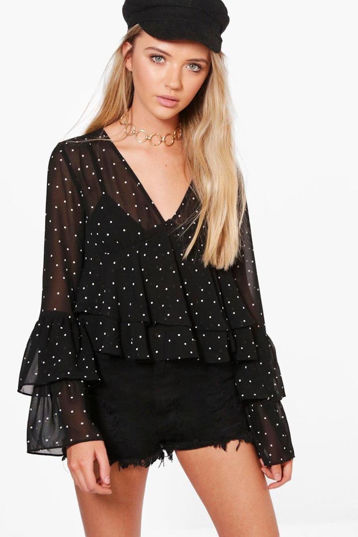 Boohoo Sophie Plunge Ruffle Spot Blouse Black