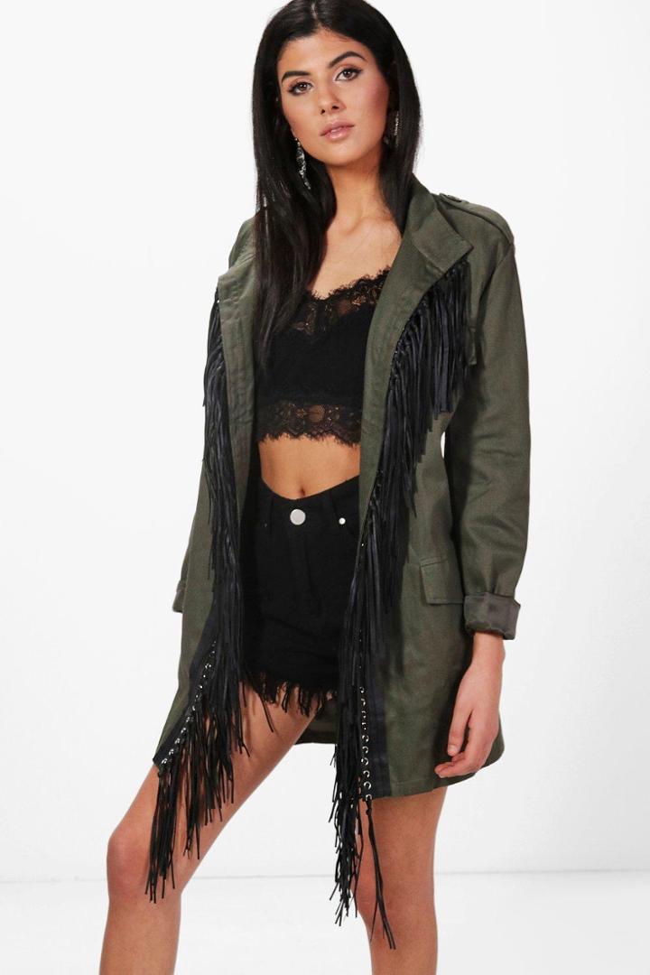 Boohoo Daisy Pu Fringed Utility Festival Jacket Khaki