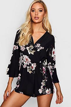 Boohoo Floral Wrap Tie Playsuit