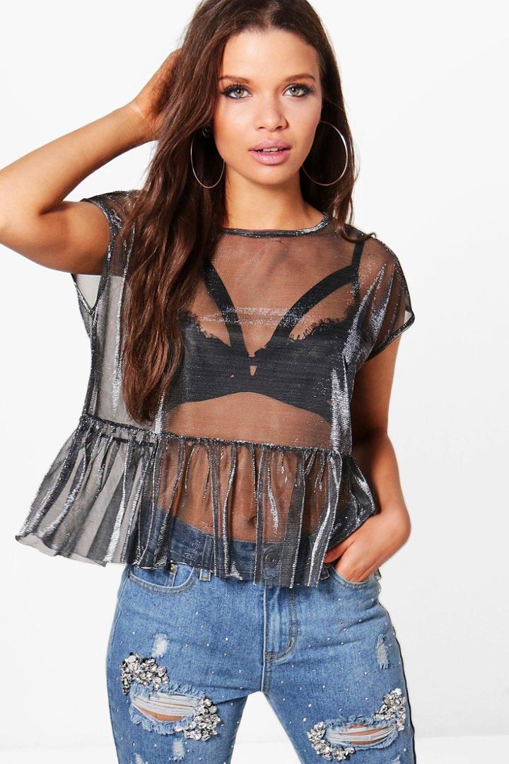 Boohoo Lorna Metallic Ruffle Peplum Mesh Tee Silver
