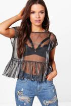Boohoo Lorna Metallic Ruffle Peplum Mesh Tee Silver