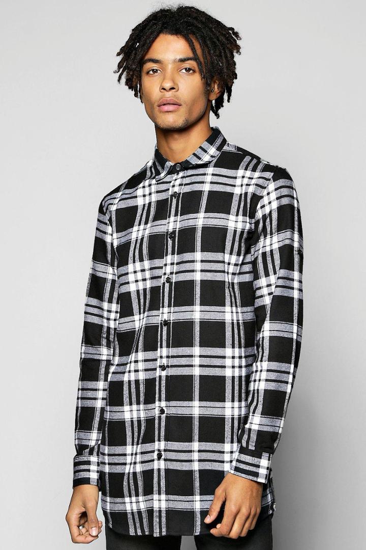 Boohoo Long Line Flannel Shirt With Zip Detail Grey
