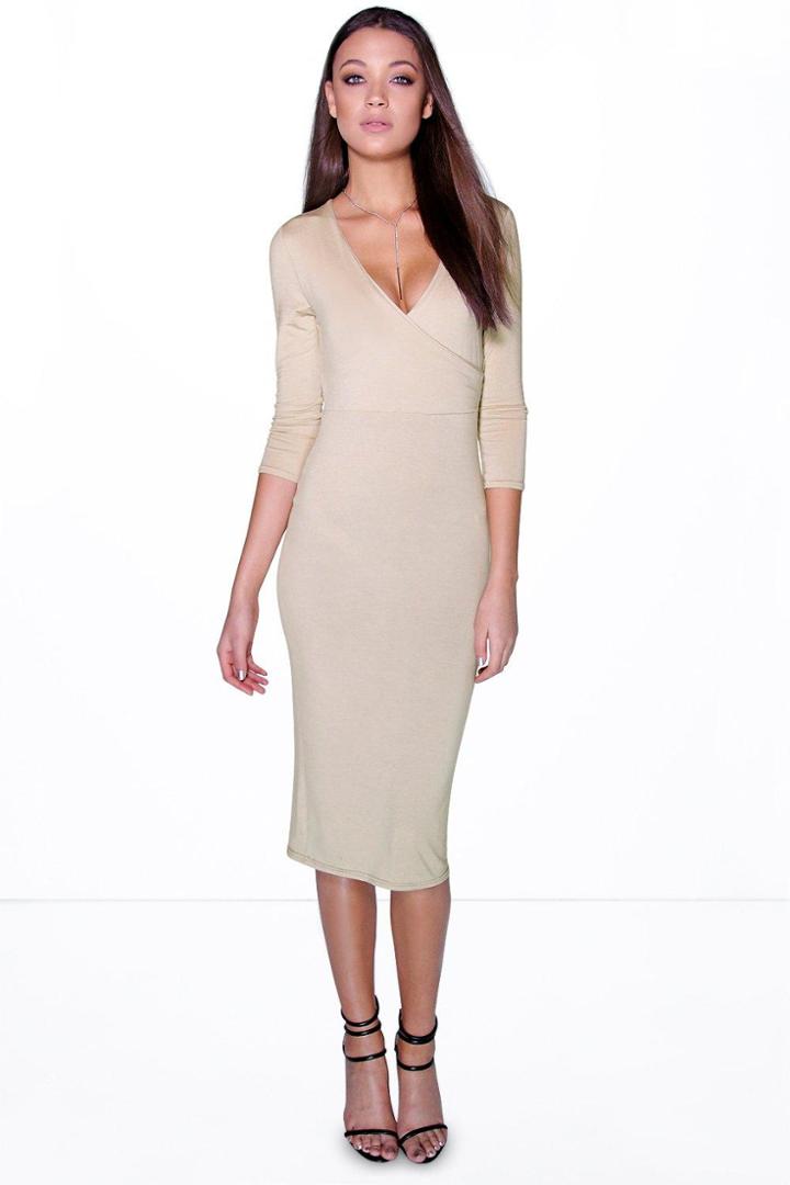 Boohoo Tall Kelsey Wrap Front Midi Dress Stone