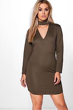 Boohoo Plus Lydia Choker Curved Hem Rib Bodycon Dress