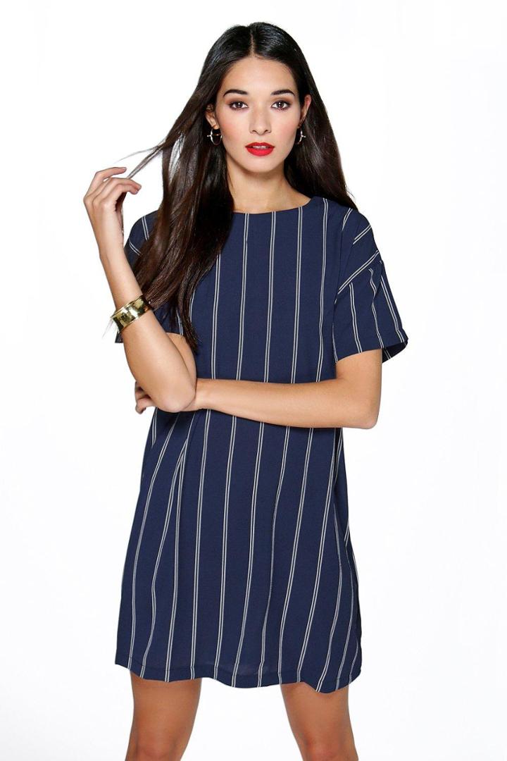 Boohoo Tanya Vertical Stripe Shift Dress Navy
