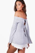 Boohoo Tall Eva Studded Bardot Flared Sleeve Top Grey