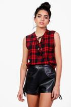 Boohoo Natalie Tartan Top With Lace Up Detail Black