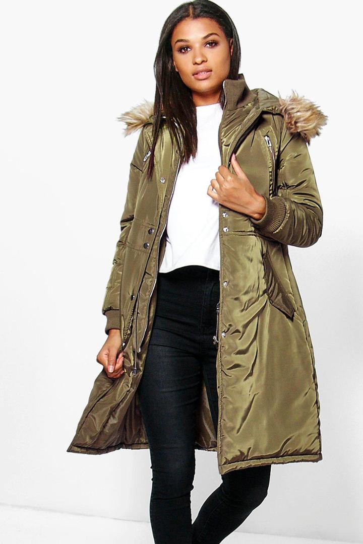 Boohoo Boutique Sophia Longline Luxe Double Layered Parka Khaki