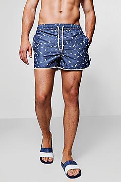 Boohoo Navy Printed Runner Swim Shorts