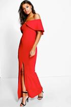 Boohoo Lois Off Shoulder Deep Fold Maxi Dress Ruby