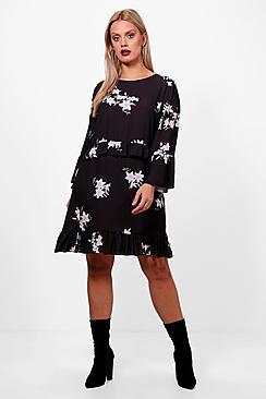 Boohoo Plus Keira Floral Ruffle Detail Woven Shift Dress