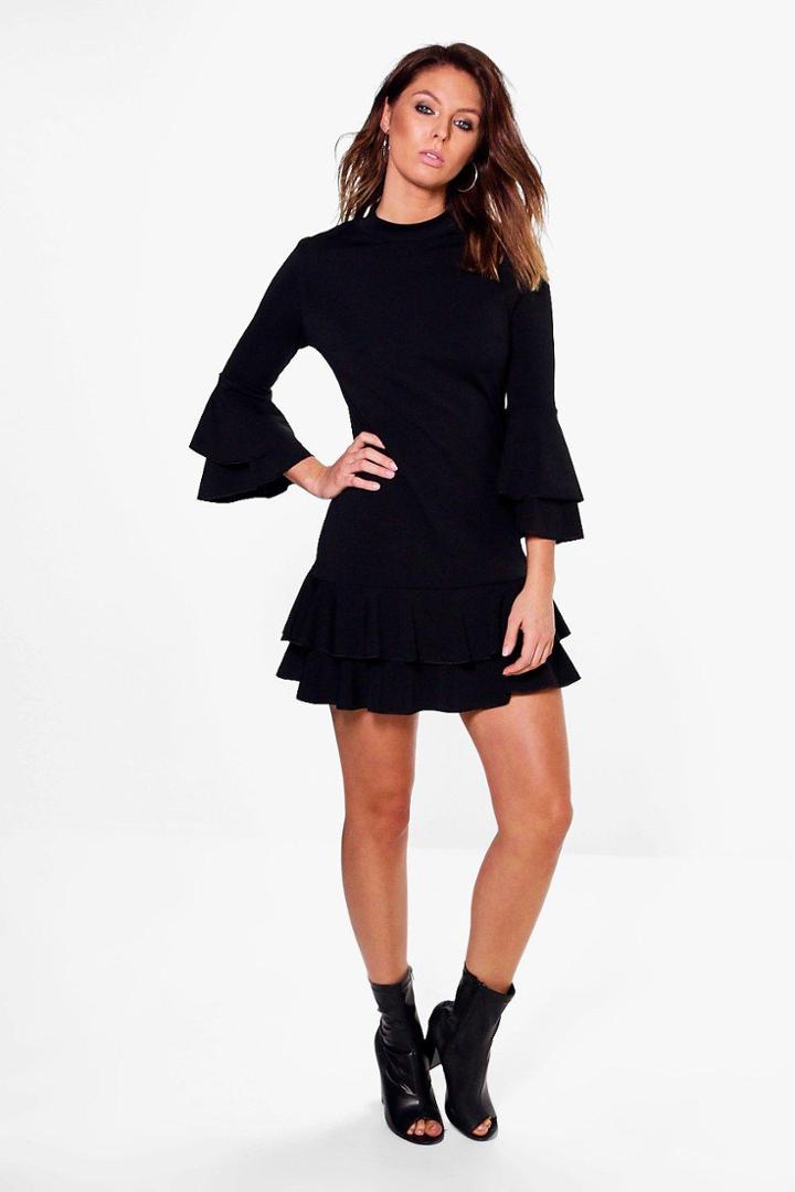 Boohoo Bridget High Neck Double Frill Shift Dress Black