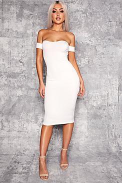 Boohoo Ana Off Shoulder Curved Neckline Midi Dress