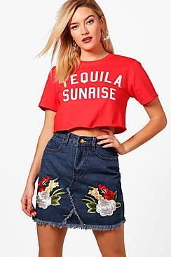Boohoo Helen Rose Applique Denim Mini Skirt