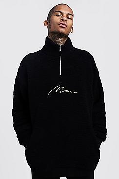 Boohoo Oversized Half Zip Man Signature Borg Sweater