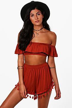 Boohoo Ola Pom Pom Shorts & Crop Co-ord Set