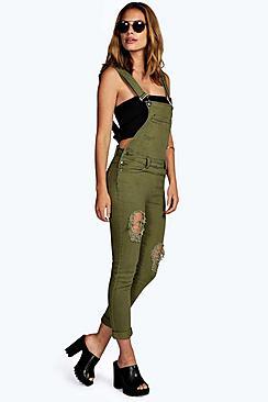 Boohoo Slim Fit Distressed Denim Overalls
