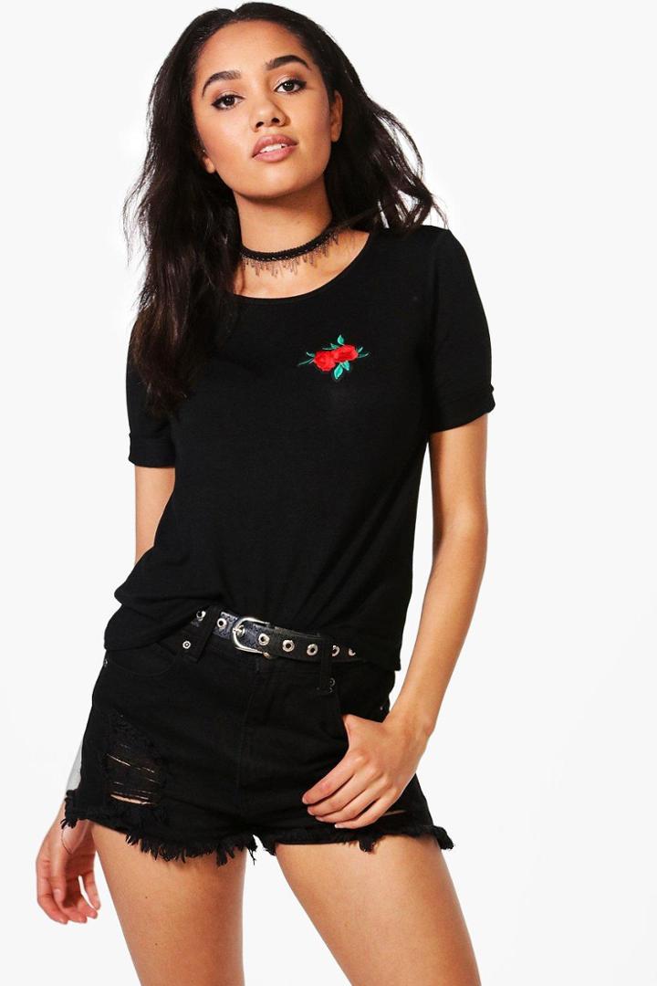 Boohoo Petite Heidi Floral Applique T-shirt Black