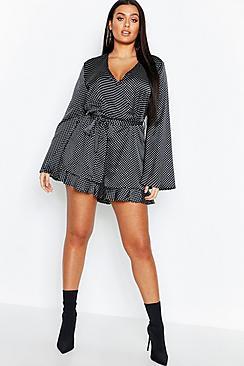 Boohoo Plus Polka Dot Flare Sleeved Ruffle Playsuit