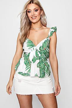 Boohoo Plus Cesca Palm Print Tie Front Top
