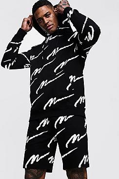 Boohoo All Over Man Printed Hooded Short Tracksuit
