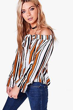 Boohoo Freya Bow Detail Striped Bardot Top