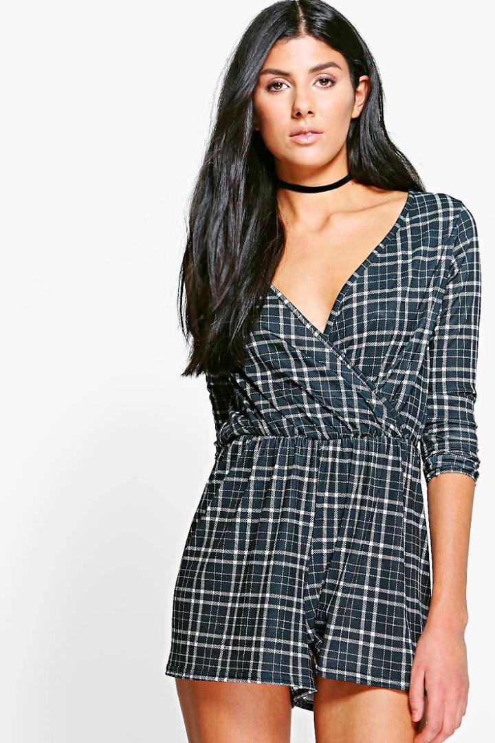 Boohoo Aliya Checked Wrap Front Playsuit Black