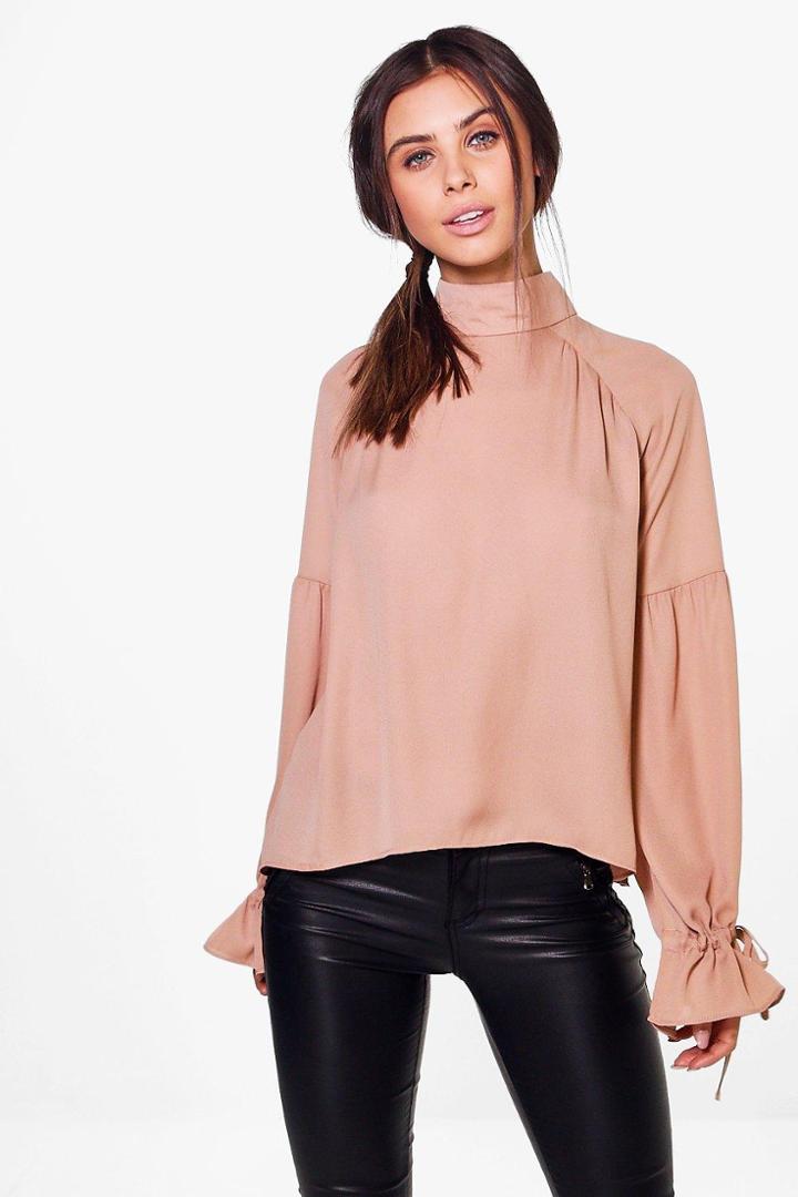 Boohoo Petite Jayne Tie Cuff Smock Blouse Sand