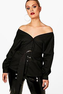 Boohoo Plus Off The Shoulder Belted Shirt
