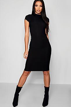 Boohoo High Neck Short Sleeve Ribbed Midi Dress