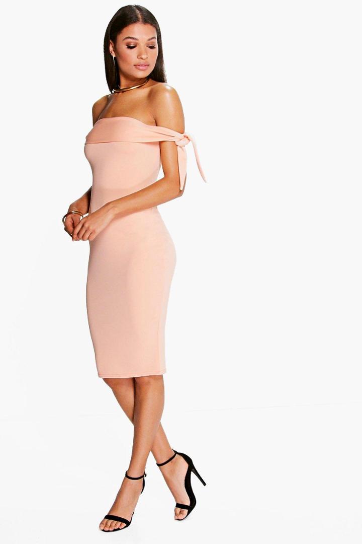 Boohoo Caramela Off Shoulder Tie Sleeve Midi Dress Apricot