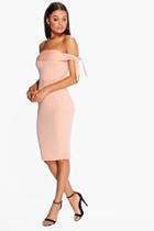 Boohoo Caramela Off Shoulder Tie Sleeve Midi Dress Apricot