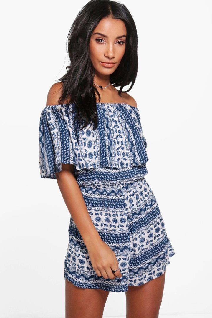 Boohoo Zoya Blue Print Off The Shoulder Playsuit Blue