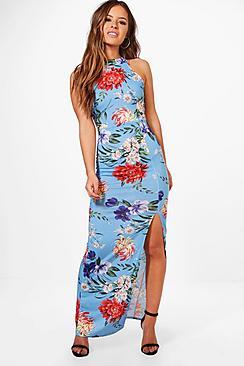 Boohoo Petite Lucy Oriental Print Thigh Split Maxi Dress
