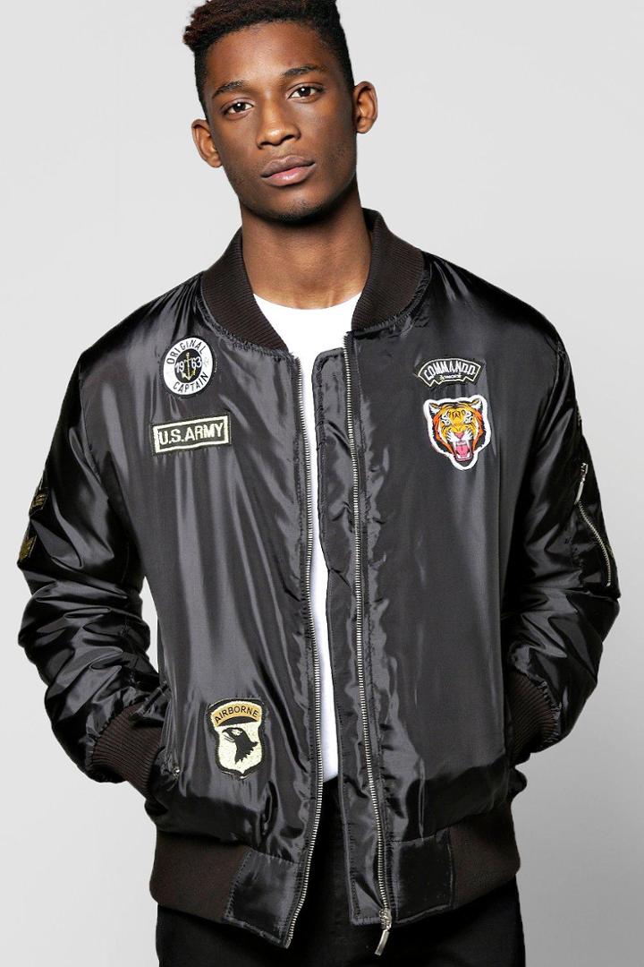 Boohoo Ma1 Bomber Jacket With Badges Black