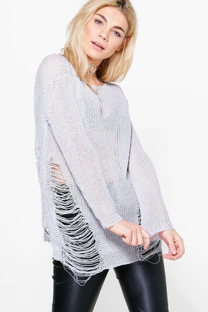 Boohoo Emma Distressed Fine Knit Jumper Grey