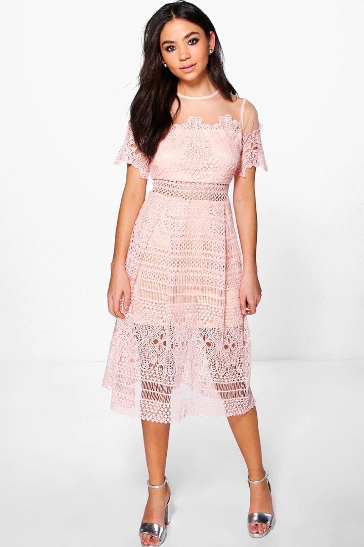 Boohoo Boutique Cary Lace Mesh Midi Skater Dress Nude