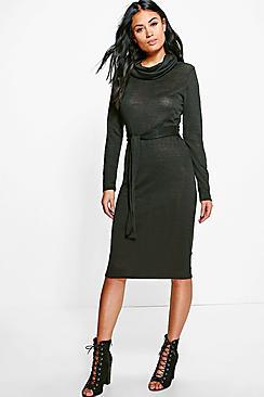 Boohoo Sandra Roll Neck Tie Detail Midi Dress