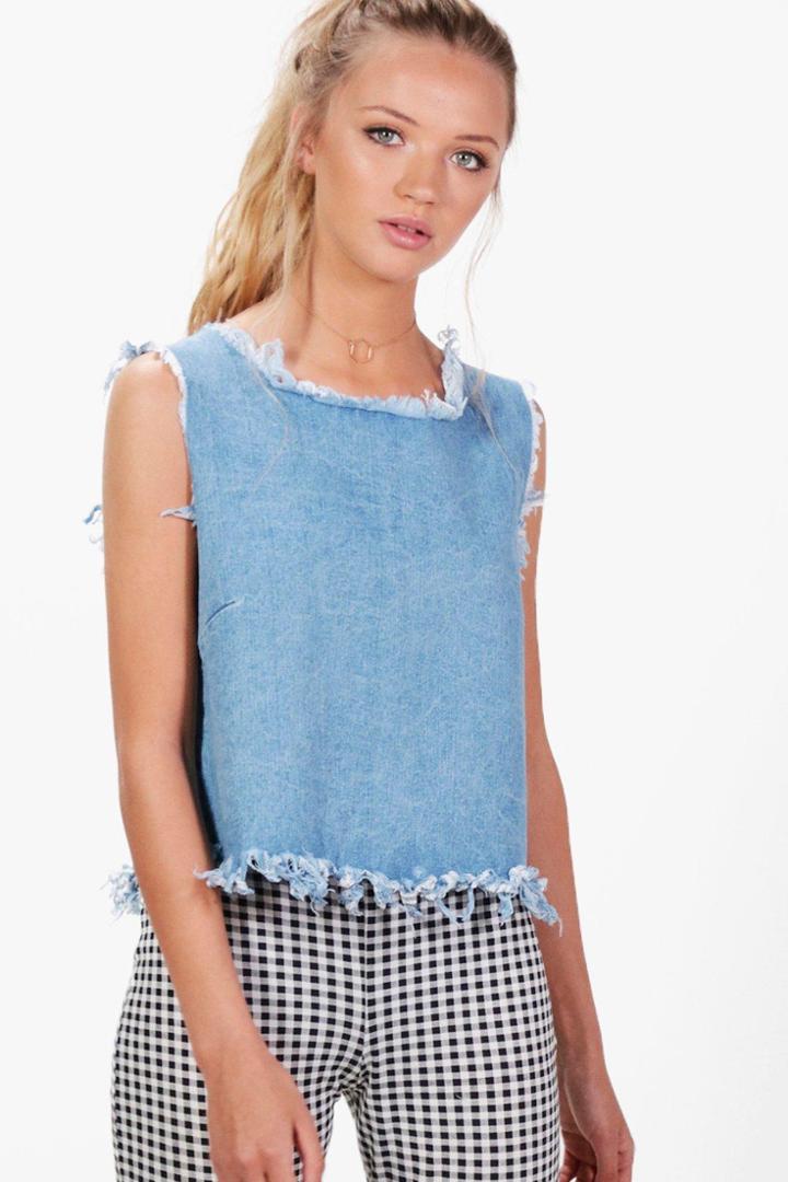 Boohoo Farly Fray Edge Denim Crop Top Blue